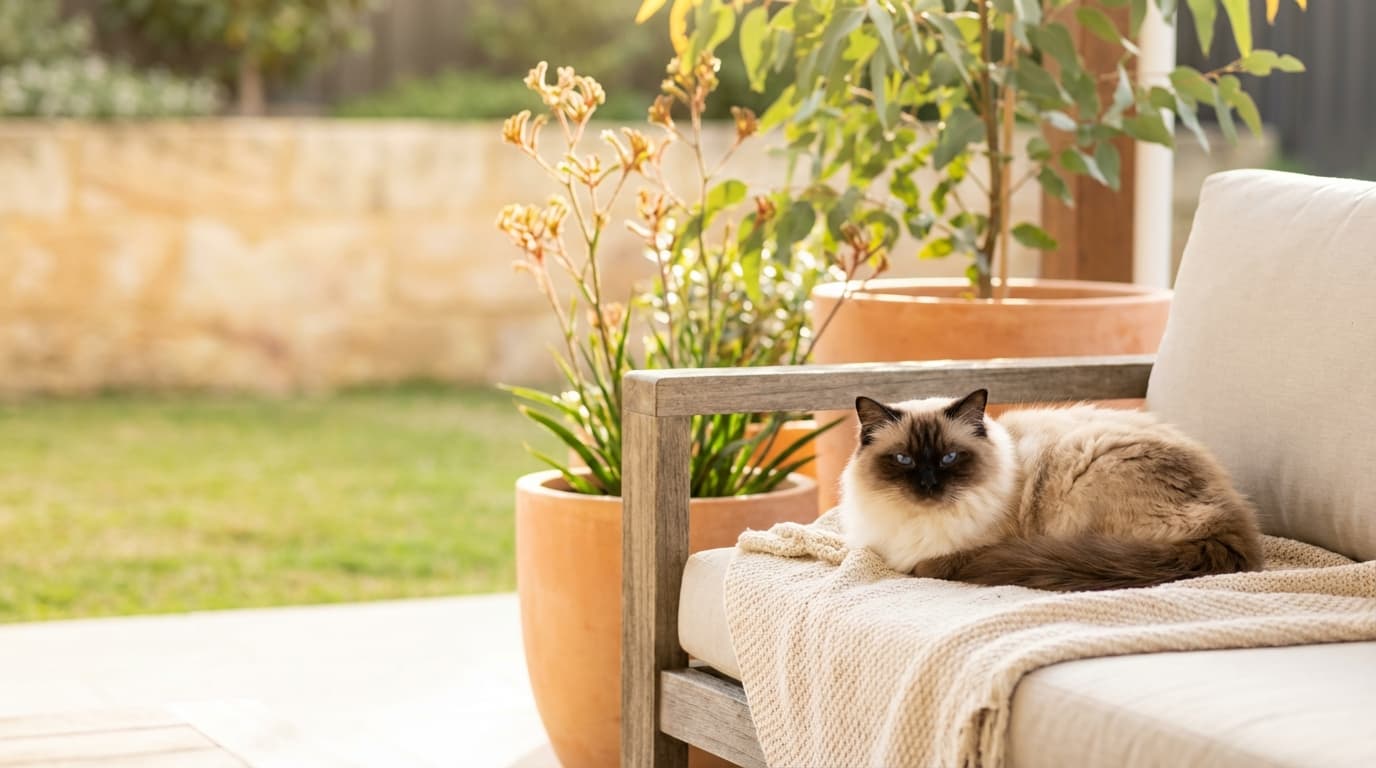 Aussie Pet Products - Ragdoll cat relaxing on an Australian patio