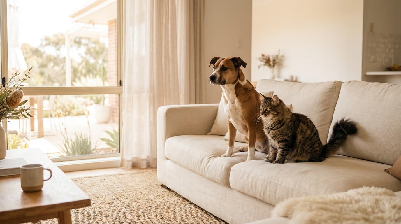 Aussie Pet Products - Dog and cat together in a bright living room
