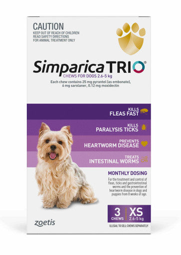 Simparica TRIO for Dogs & Puppies 2.6-5 kg - 3 Chews Purple