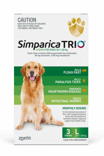 Simparica TRIO for Dogs 20.1-40 kg - 3 Chews Green