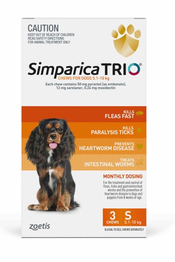 Simparica TRIO for Dogs 5.1-10 kg - 3 Chews Orange